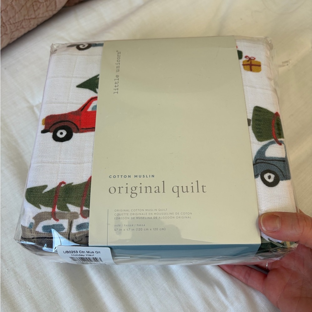 Original Quilt Cotton Muslin Baby Quilt in White with Red & Green Truck Print